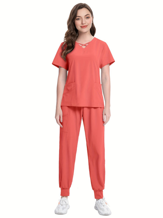 2pcs Modern Solid Color Scrub Set - Scrub Sets for Women, V-Neck 2 Pockets Top, Elastic Waist Bottoms, Breathable, Comfortable, Health Care Uniform for Doctor, Nurse, Physician, Dentist, Work Clothing