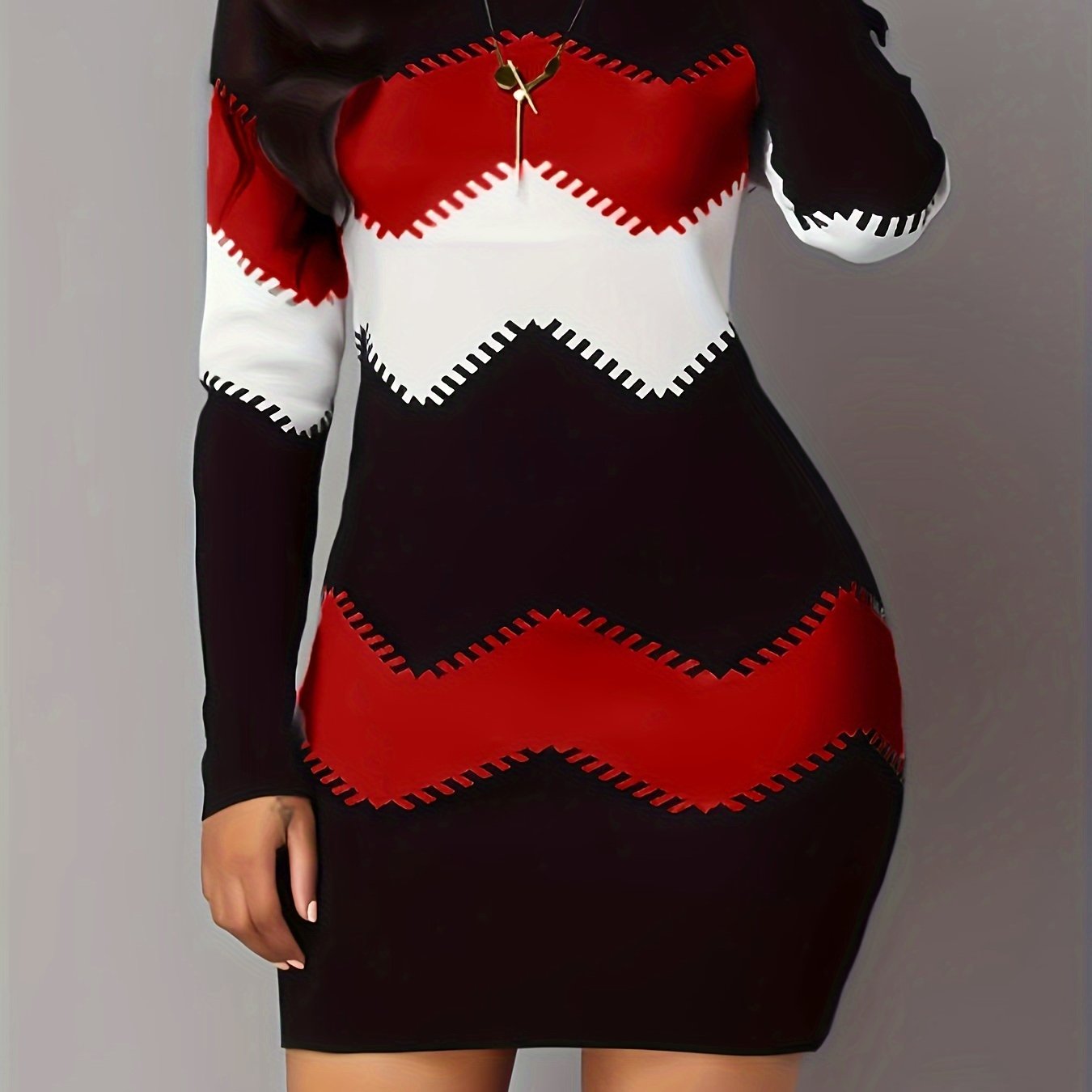 Chic Geometric Print Bodycon Dress - Stretchy Long Sleeve Crew Neck, Perfect for Spring/Fall - Women's Fashion