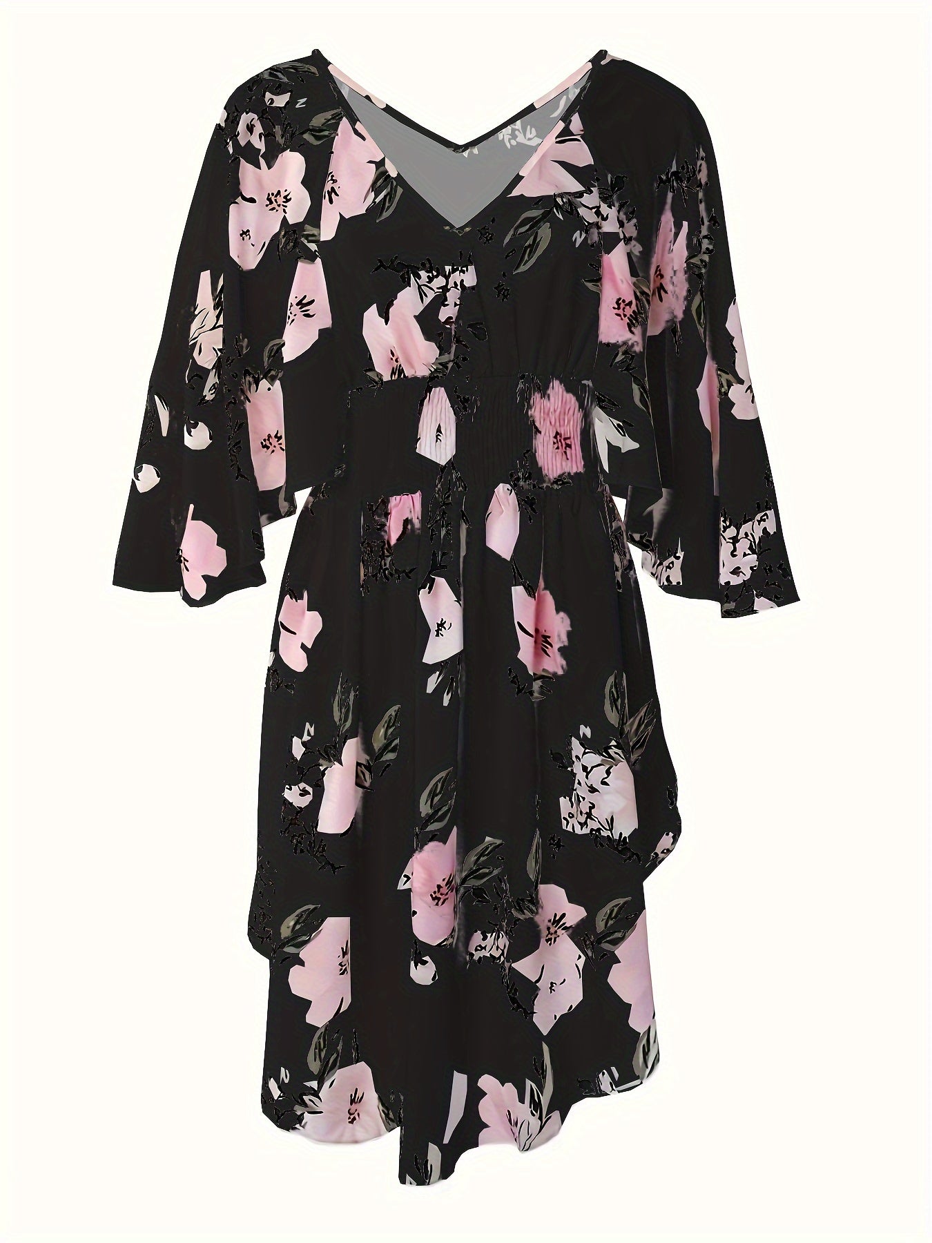 Vestido elegante de talla grande con escote en V y cintura fruncida con estampado floral, dobladillo irregular fluido, cómodo y transpirable, perfecto para primavera y verano, ropa de mujer de talla grande para ocasiones al aire libre e informales