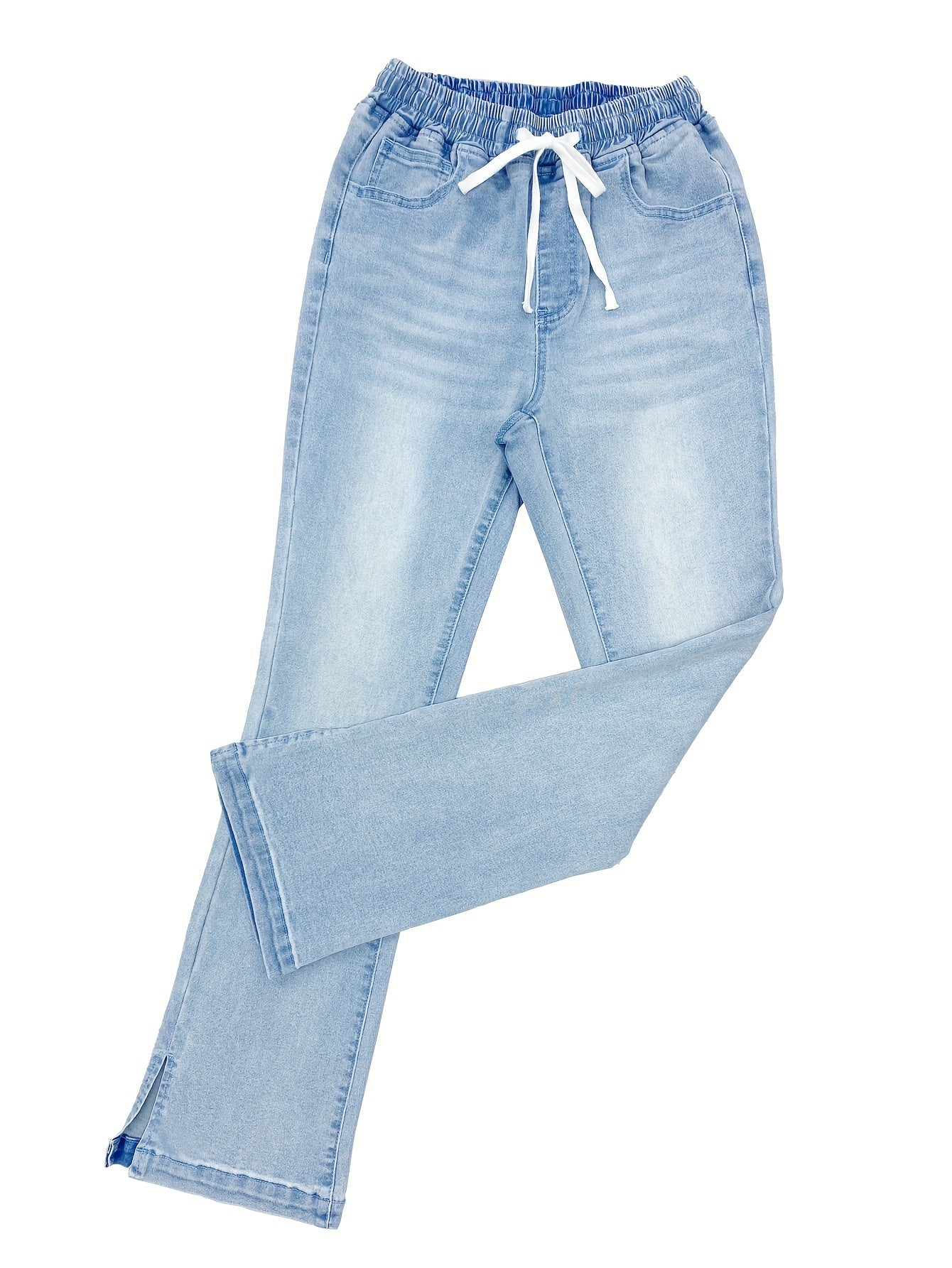 Soft Relaxed Fit Washed Denim Jeans - Elastic Waist, Drawstring Flared Jeans - LuxyXO