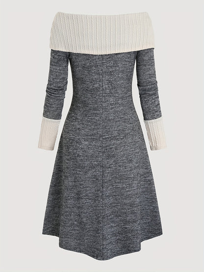 Color Block Textured Off Shoulder Aline Dress, Vintage Cross Tie Front Swing Dress For Spring & Fall, Women's Clothing