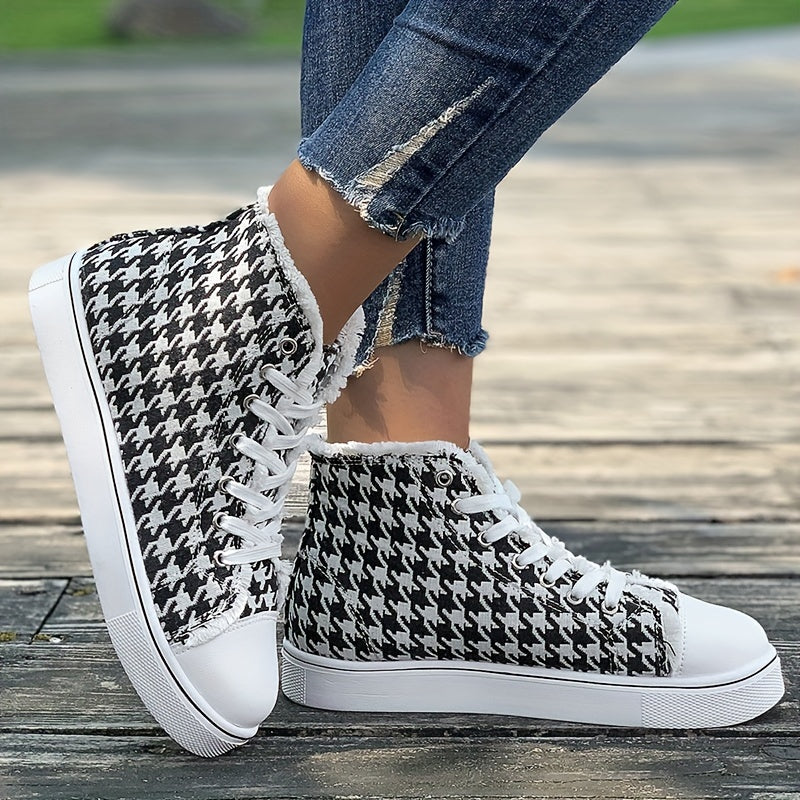 Womens Houndstooth Canvas Sneakers - Round Toe Comfort, High Top Style, Casual Flat Sole, Durable Skate-Inspired Shoes