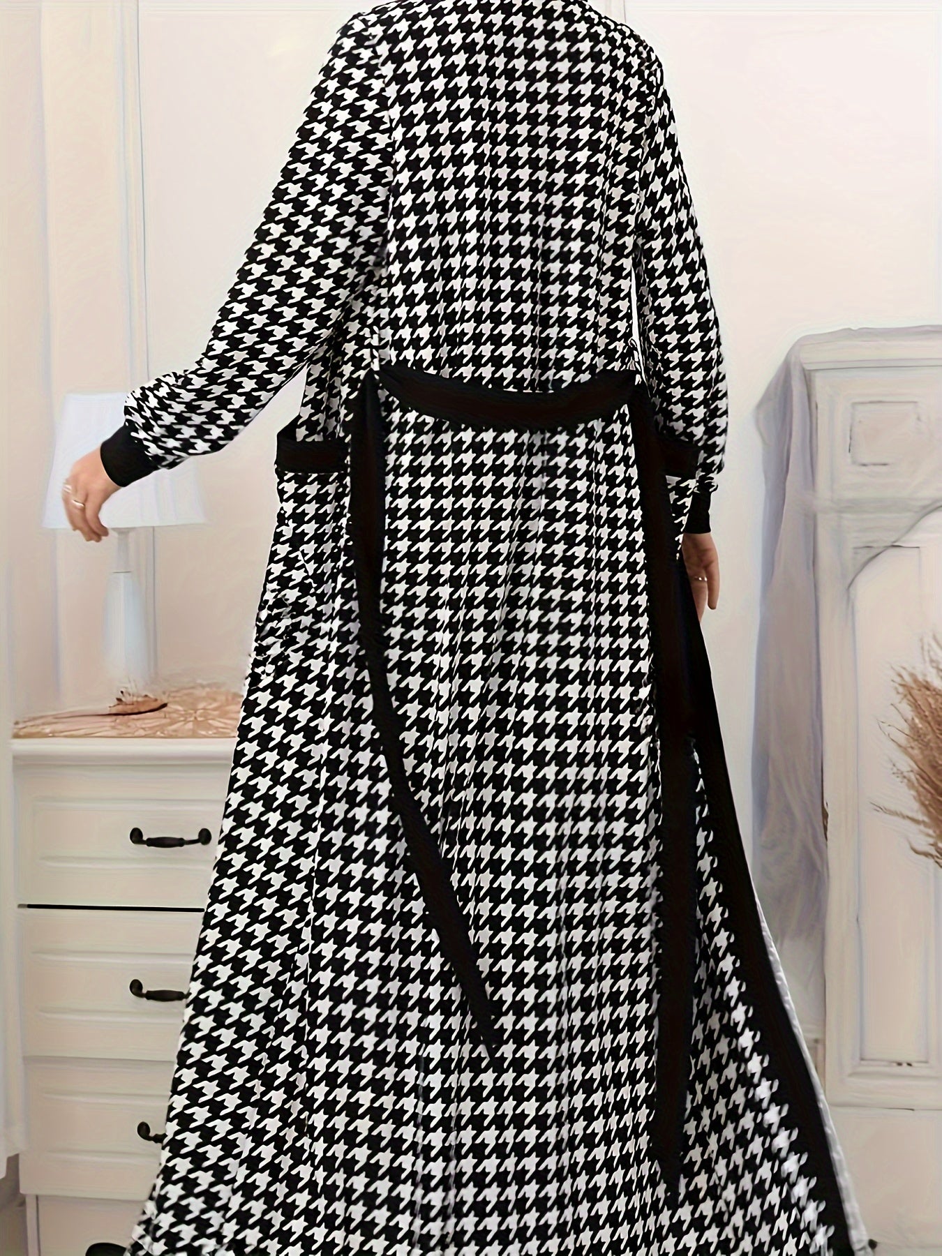 Houndstooth Print Elegant Skirt Set, Crew Neck Sleeveless Slim Dress & Open Front Long Sleeve Jacket Outfits, Women's Clothing