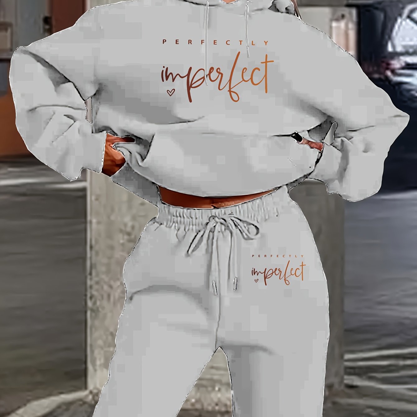 Conjunto informal de dos piezas de poliéster para estar por casa, sudadera con capucha de tejido de punto para otoño/invierno con bolsillo y pantalones con cordón, diseño con estampado de letras "Perfectly Imperfect"