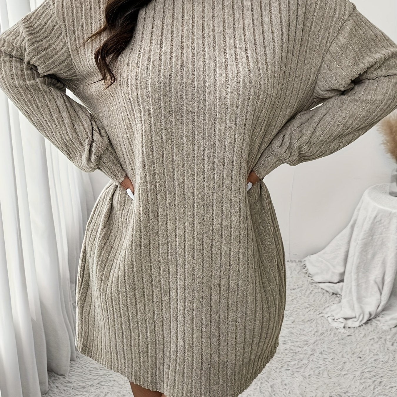 Women'S Plus Size High Neck Rib-Knit Knit Dress, Casual Long Sleeve Knee-Length Pullover