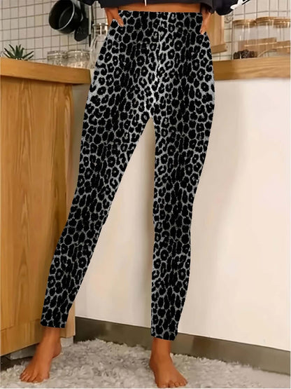 Leggings con estampado de leopardo de talla grande para mujer, elegantes pantalones de punto ajustados de gran elasticidad, mezcla de poliéster y elastano