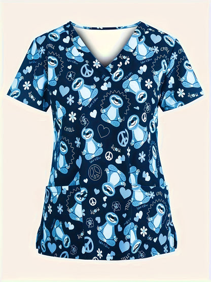 Sloth Print V-Neck Comfort Scrub Top - Soft, Breathable, and Functional Healthcare Uniform for Women - Perfect for Hospital, Dental Office, and Medical Professionals