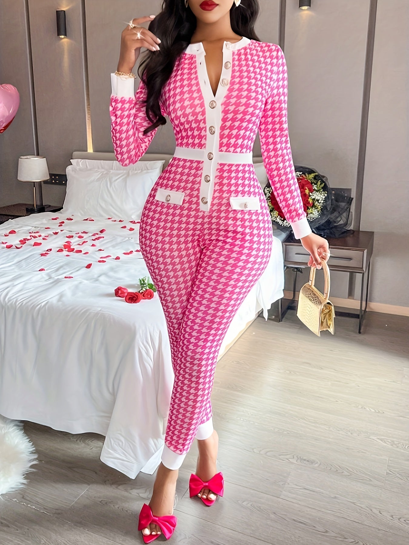 Elegant Women's Plaid Long Sleeve Jumpsuit - Polyester, Machine Washable, Round Neck - Perfect for Fall/Winter