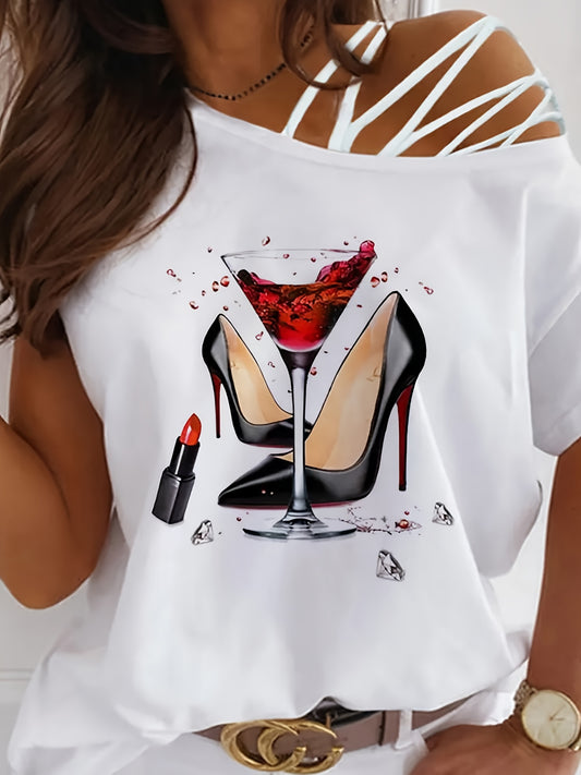 Camiseta con hombros descubiertos y estampado de moda para mujer