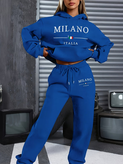 1 juego de sudadera y pantalón deportivo informal para mujer con temática de Milán, Italia, jersey de manga larga con capucha, estampado de dibujos animados, tejido de punto de poliéster, bolsillos, para otoño/invierno