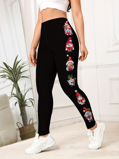 Leggings de yoga de cintura alta con estampado navideño festivo para mujer, pantalones deportivos de fitness de poliéster elástico, patrón asimétrico de Papá Noel, ajuste regular para todas las estaciones