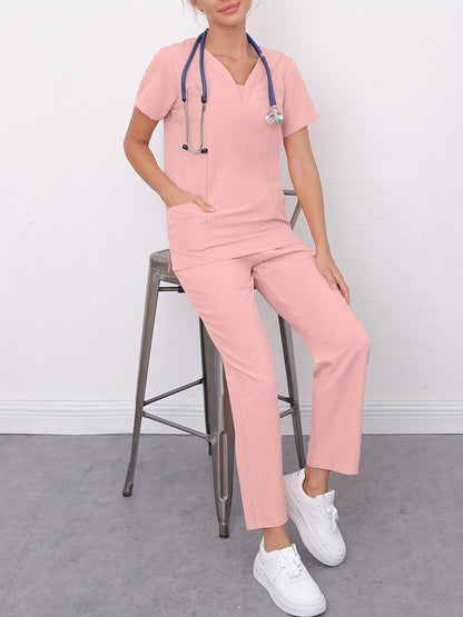 Women's Comfort-Fit Scrub Set – Two-Piece V-Neck Short Sleeve Top & Elastic Pants | Durable, Easy-Care Medical Uniforms for Healthcare Professionals