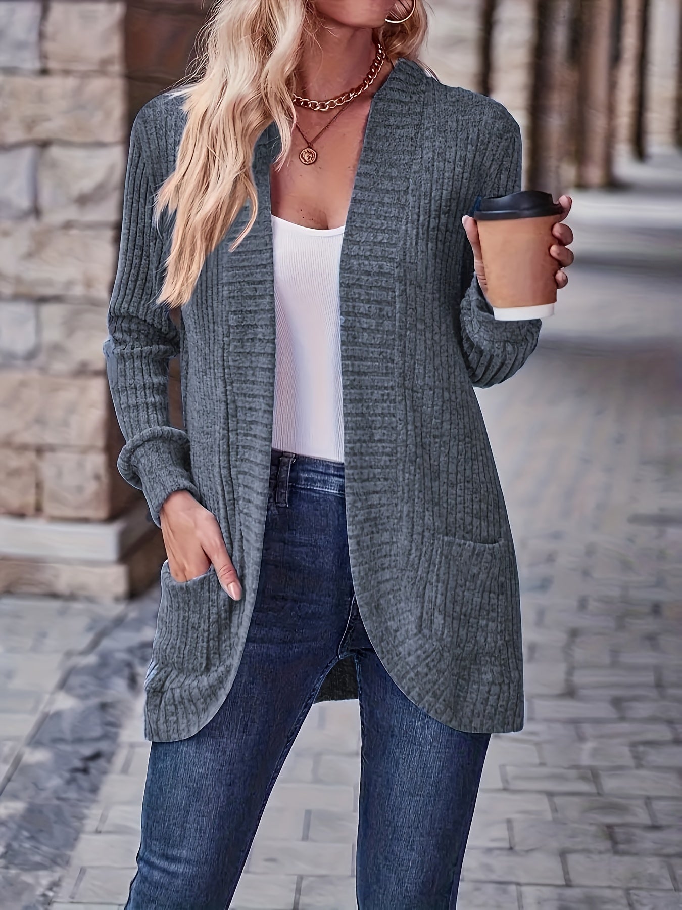 Long Sleeve Elegant Solid Color Open Front Cardigan with Pocket