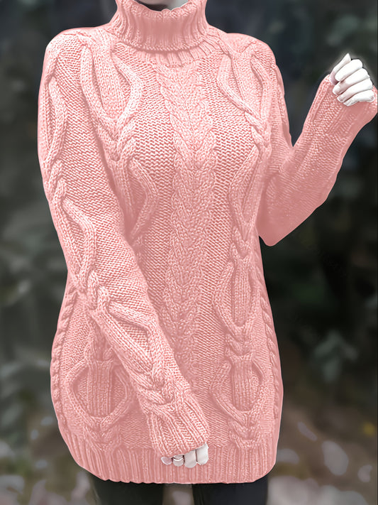 Cozy Solid Color Cable Knit Sweater for Women - Elegant Turtleneck Polyester Fall/Winter Essential