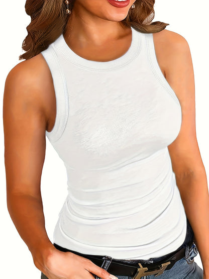 Plus Size Solid Crew Neck Sleeveless Vest Top - Soft Slight Stretch Polyester Fabric, Casual Pullover for Weekend, All Seasons - Oversized, No Belt, No Printing, No Sheer