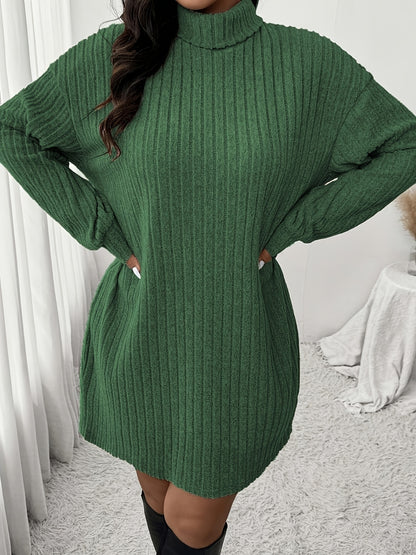 Women'S Plus Size High Neck Rib-Knit Knit Dress, Casual Long Sleeve Knee-Length Pullover