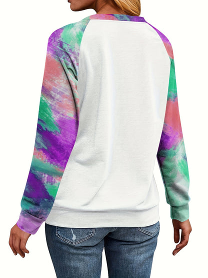 Christmas Colorful Tree Print Sweatshirt, Cute Color Block Crew Neck Sweatshirt, Women's Clothing