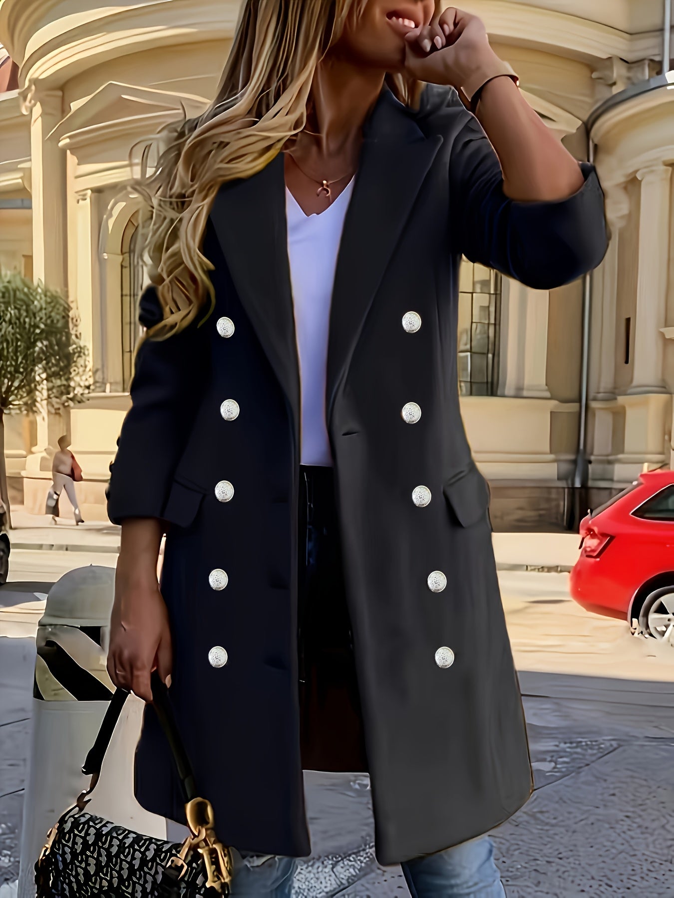 Double-breasted Notched Collar Coat, Elegant Long Sleeve Coat For Fall & Winter, Women's Clothing