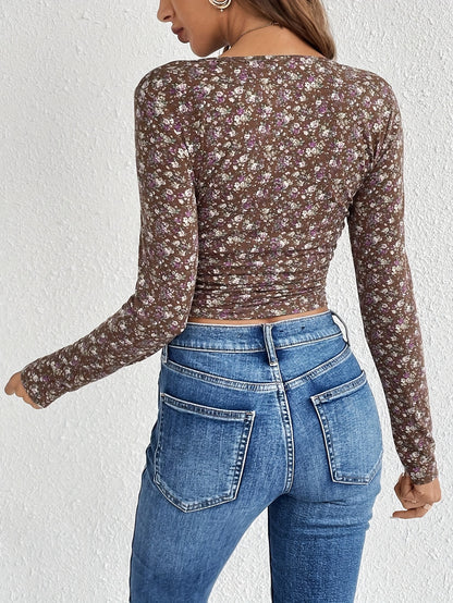 Top corto de manga larga con estampado floral vibrante: camisetas elegantes de cuello cuadrado para mujer para primavera y otoño: ajuste cómodo y relajado, tela suave, ropa elegante para damas