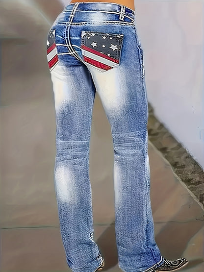 Plus Size American Flag Print Patch Pocket Blue Denim Pants for Women - 4th of July Independence Day Outfit - Casual Straight Leg Jeans