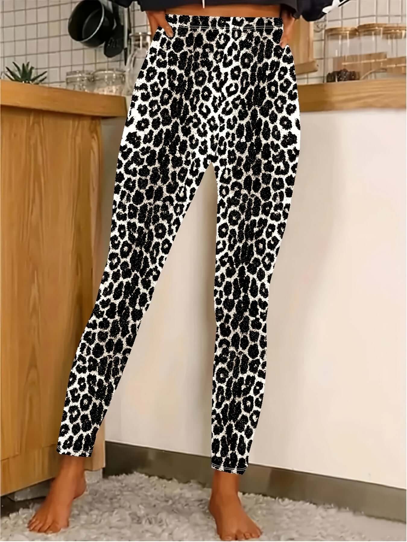 Leggings con estampado de leopardo de talla grande para mujer, elegantes pantalones de punto ajustados de gran elasticidad, mezcla de poliéster y elastano