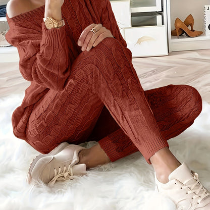 Solid Knitted Matching Two-piece Set, Casual Long Sleeve Sweater & Pants Outfit