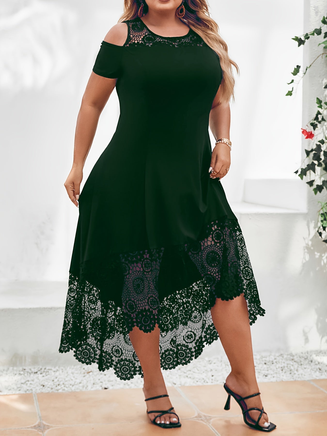 Plus Size Elegant Crew Neck Asymmetrical Hem Party Dress - Solid Contrast Lace Panel, Cold Shoulder, Medium Stretch, Wedding, Evening, Occasion, Engagement, Ceremony Ready - Flattering Fit, Chic Design, Comfortable Wear