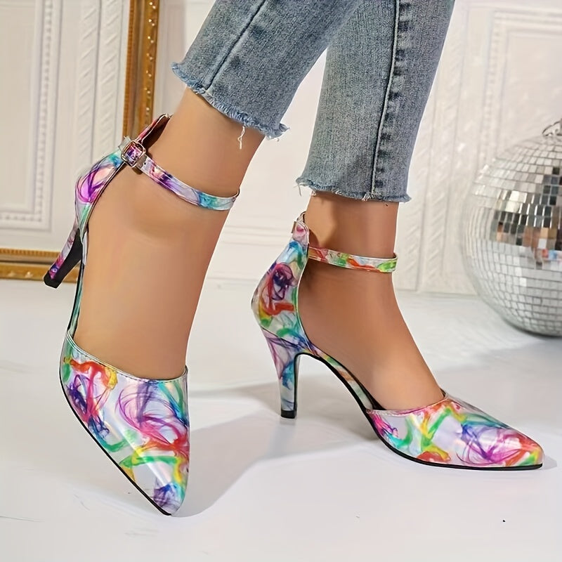 Chic Womens Colorful Print High Heel Sandals - Strappy Buckle Accent, Fashion-Forward Hollow Out Design, Pointed Toe for Work to Evening Glam - Office-Approved Dress Shoes