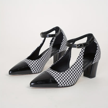 Mid Heel Womens Houndstooth Pattern Ankle Strap Shoes - Soft, Lightweight, Elegant Pointed Toe Dress Shoes with Block Heel, Faux Leather Insole, and Rubber Sole - Perfect for All-Season Wear