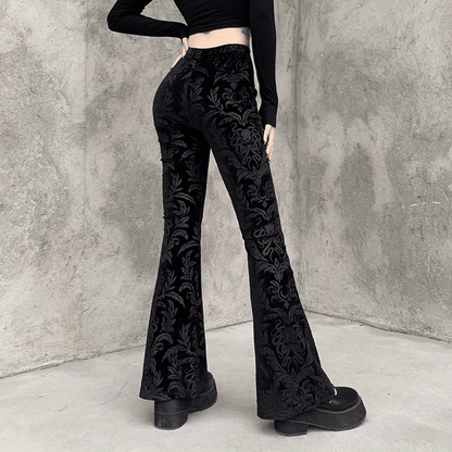 Gothic Floral Print High Waist Pants, Elegant Flare Leg Pants, Women's Clothing