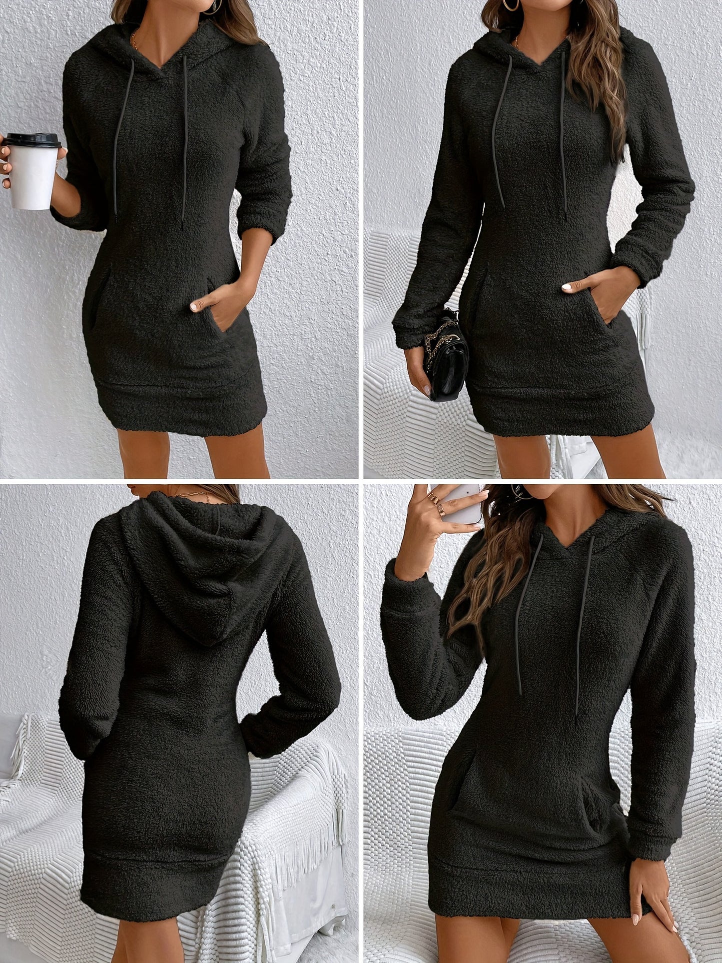 Vestido con capucha y cordón con bolsillos estilo canguro, vestido informal holgado de manga larga para otoño e invierno, ropa de mujer