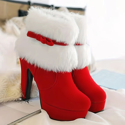 Chic Bowknot Decor Women's Short Boots - Plush Lined, Round Toe, High Block Heel with Side Zipper, Perfect for Winter & Christmas - LuxyXO