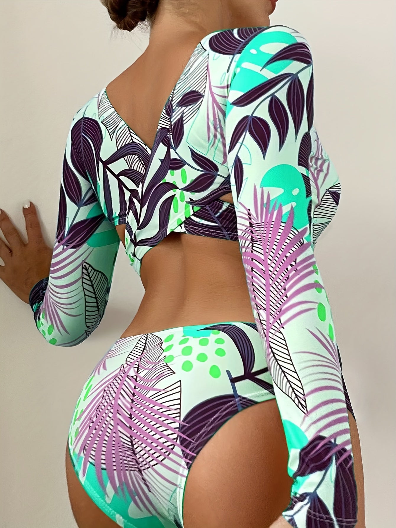Tropical Print One-piece Swimsuit, Crew Neck Long Sleeves Backless High Cut -  Polyester & Spandex - For Women