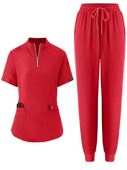 Two-Piece Solid Nurse Uniform Set - Zipper Front V Neck Short Sleeve Top & Long Length Pocket Pants with Micro Elasticity - Polyester, Casual, Solid Color, No Printing, All Seasons Wear