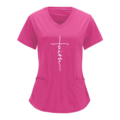 Fashionable women's pink V-neck scrubs top with "faith" letter print and practical patched pockets for health care professionals