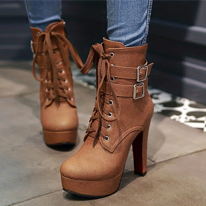 Botas de tacón alto con cordones de color liso a la moda para mujer - Tacón de aguja con base de bloque estable - Correa de tobillo con hebilla segura - Modernas y cómodas