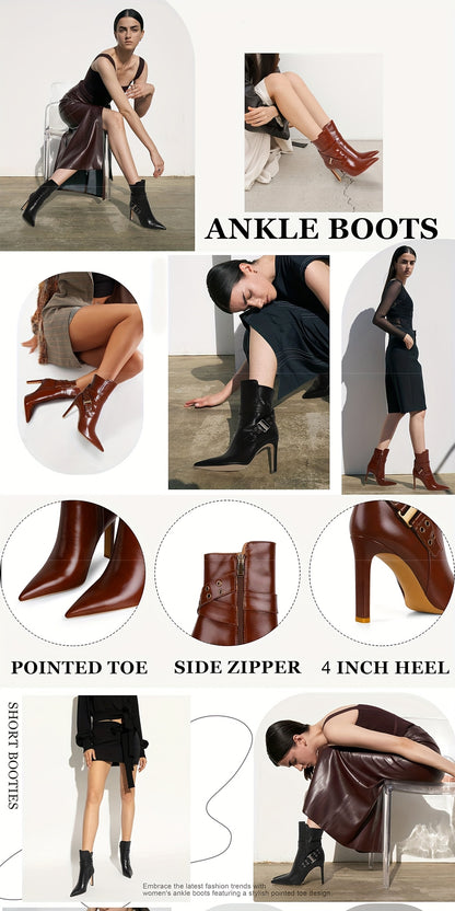 Pointed Ankle Boots Pointed Toe High Heel Mid Calf Side Zipper Short Booties With Buckle Strap - 4 Inch