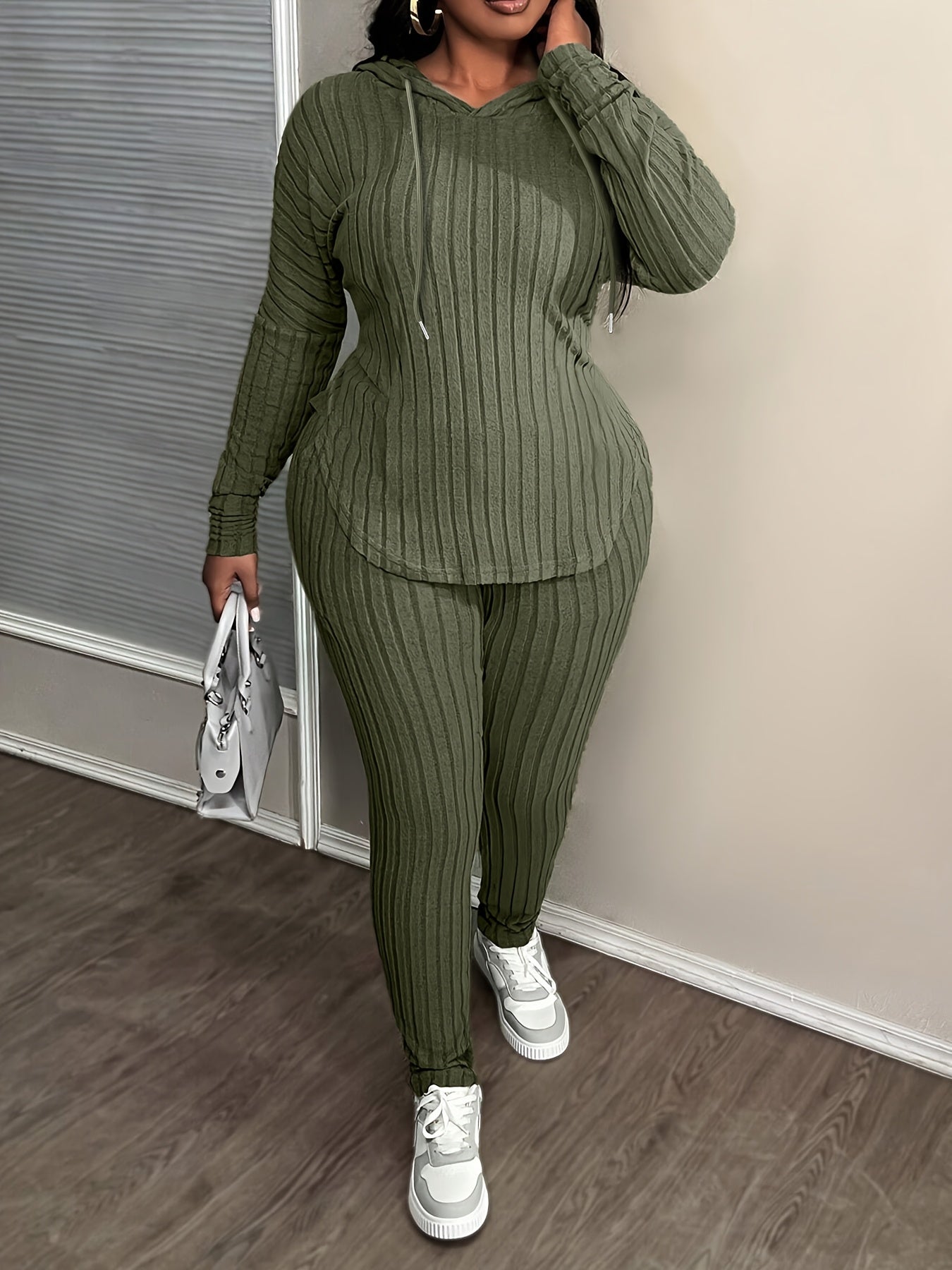 Conjunto de moda de talla grande para mujer, tejido de punto 100 % poliéster con elasticidad media, sudadera con capucha de color sólido y pantalones con detalle de cordón