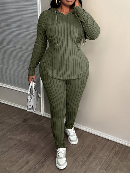 Conjunto de moda de talla grande para mujer, tejido de punto 100 % poliéster con elasticidad media, sudadera con capucha de color sólido y pantalones con detalle de cordón