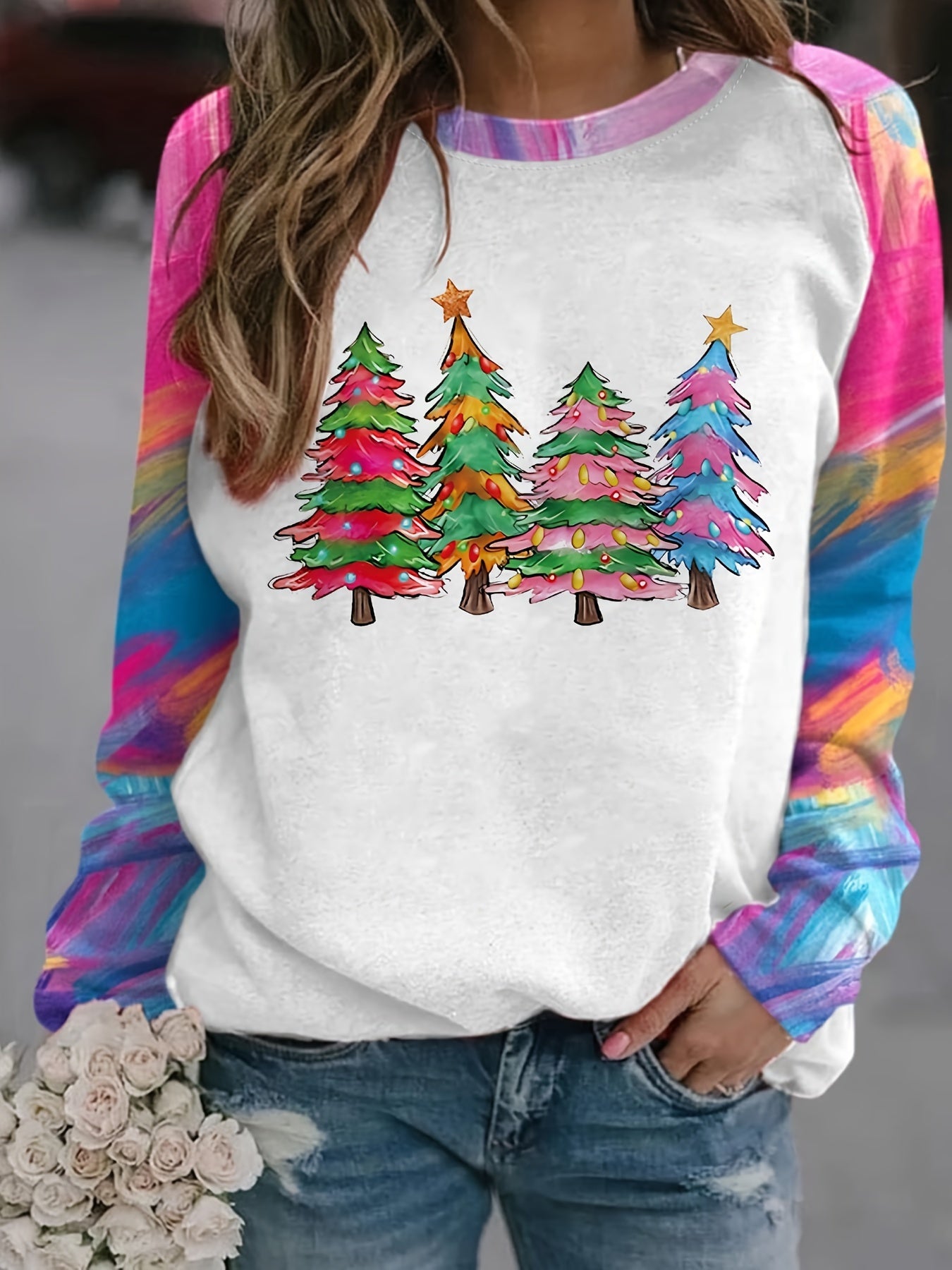 Christmas Colorful Tree Print Sweatshirt, Cute Color Block Crew Neck Sweatshirt, Women's Clothing