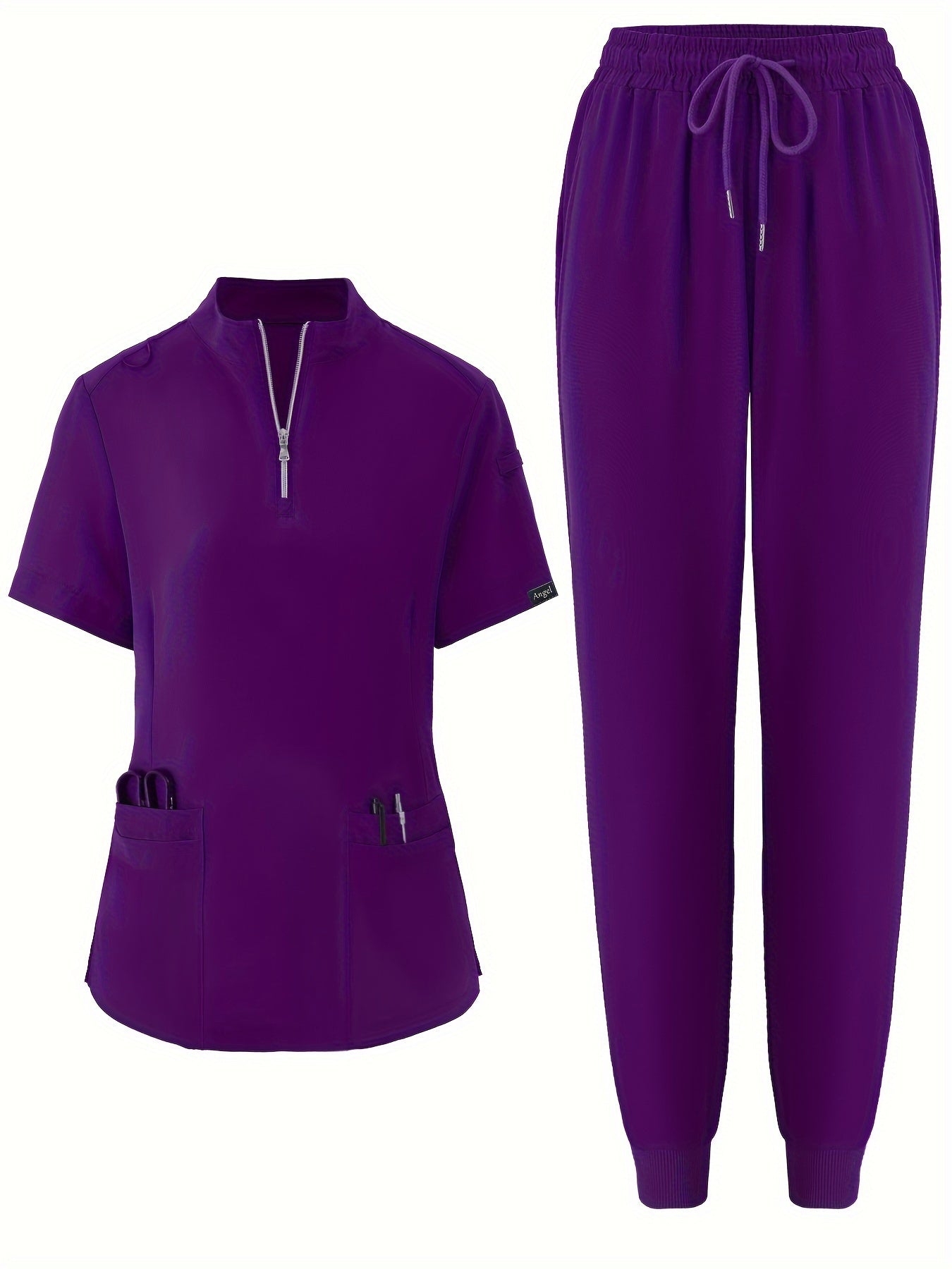 Two-Piece Solid Nurse Uniform Set - Zipper Front V Neck Short Sleeve Top & Long Length Pocket Pants with Micro Elasticity - Polyester, Casual, Solid Color, No Printing, All Seasons Wear