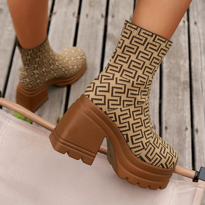 Womens Fashion Solid Color Slip-On Chunky Heel Platform Boots - Effortless Comfort, Airy Knit, Casual Chic Style