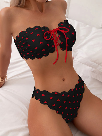 Heart Pattern Bandeau 2 Piece Set Bikini, Tube Top Scallop Trim Tie Front High Cut Swimsuits - Polyester & Spandex