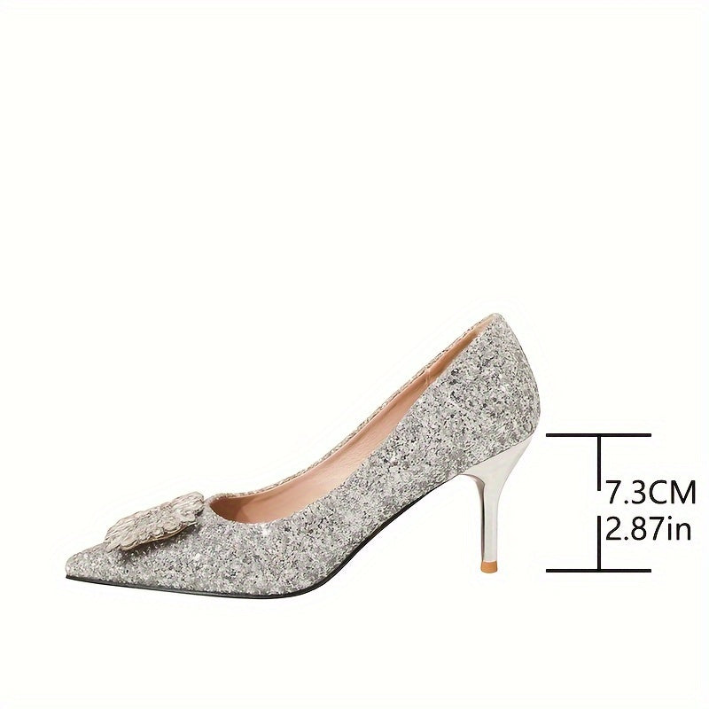 Glamorosos tacones altos con lentejuelas y diamantes de imitación para mujer: sexys zapatos de tacón de aguja con punta puntiaguda de estilo francés y cubierta sintética