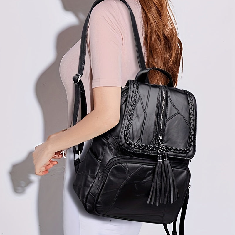 Casual PU Leather Backpack with Tassel Detail - Fashionable Lightweight Daypack