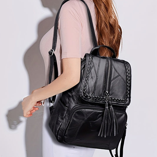 Casual PU Leather Backpack with Tassel Detail - Fashionable Lightweight Daypack