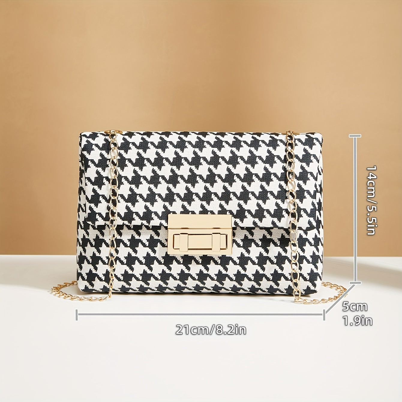 Houndstooth Glam - Elegante bolso bandolera con cadena y cierre de seguridad