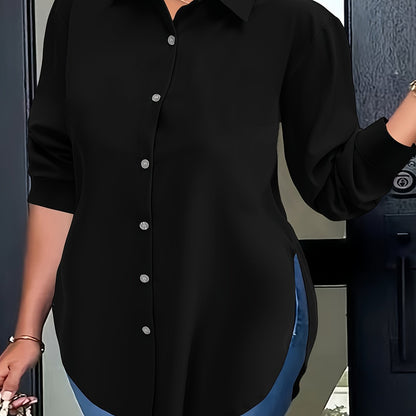 Elegant Women'S Plus Size Shirt - Polyester Long Sleeve Lapel Collared Button-Down Flared Hem Top with Slight Stretch