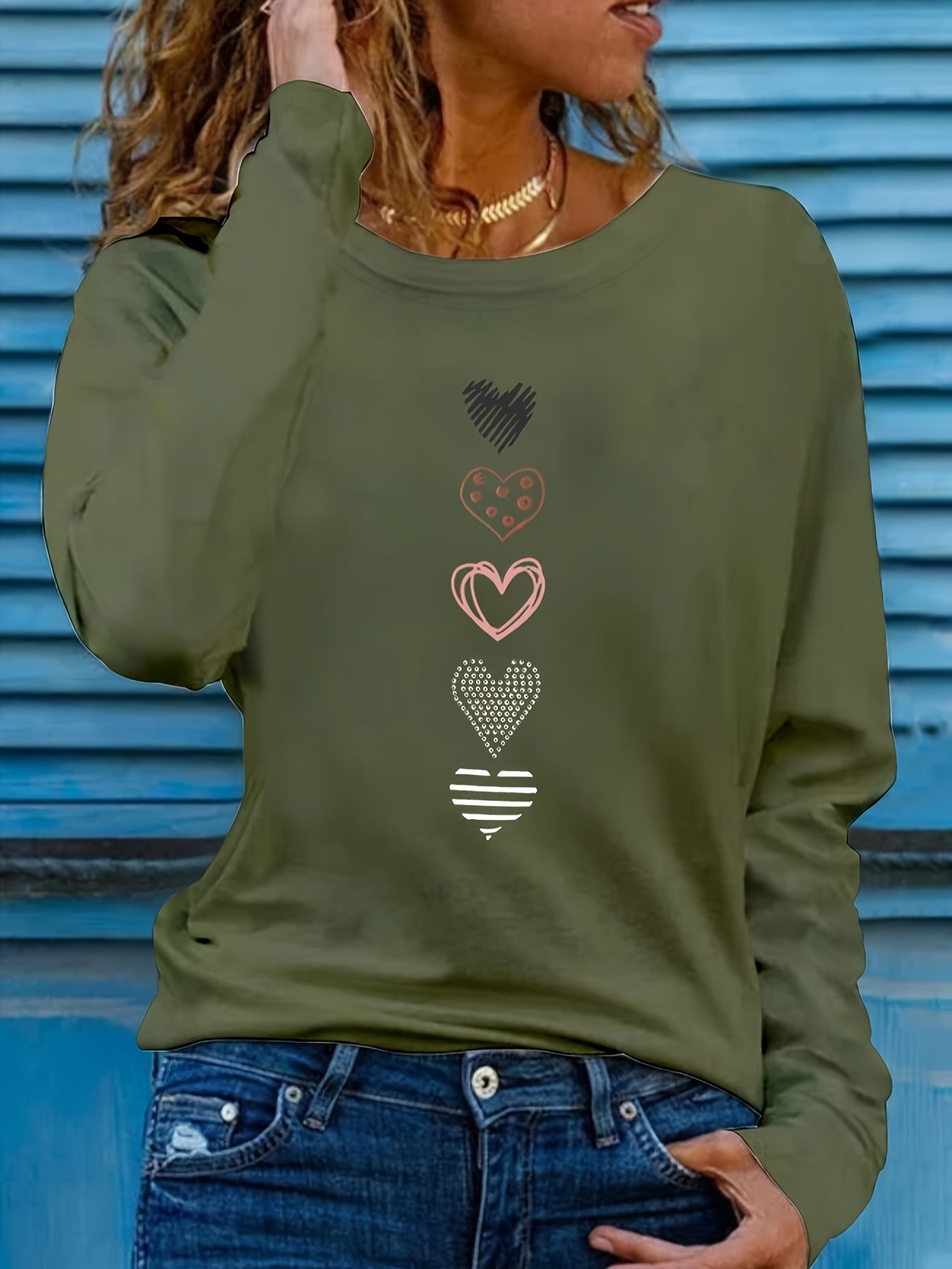 Camiseta informal de talla grande: adorable estampado de corazones, mangas largas cómodas, escote redondo clásico, elasticidad media para un ajuste favorecedor; diseñada específicamente para mujeres