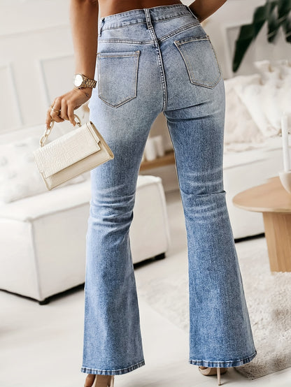 Plus Size Women's Stretchy Flare Jeans - Soft, Comfortable, Single-Breasted, Button-Front, Casual Style, High-Waisted, Five-Pocket Design, Faded Wash, Perfect for Daily Wear